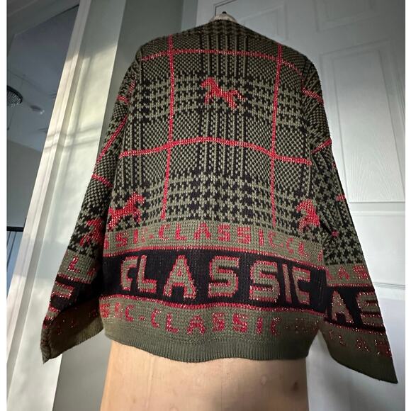 Vintage Knit Sweater green CLASSIC horse plaid Equestrian 80s - Picture 10 of 16